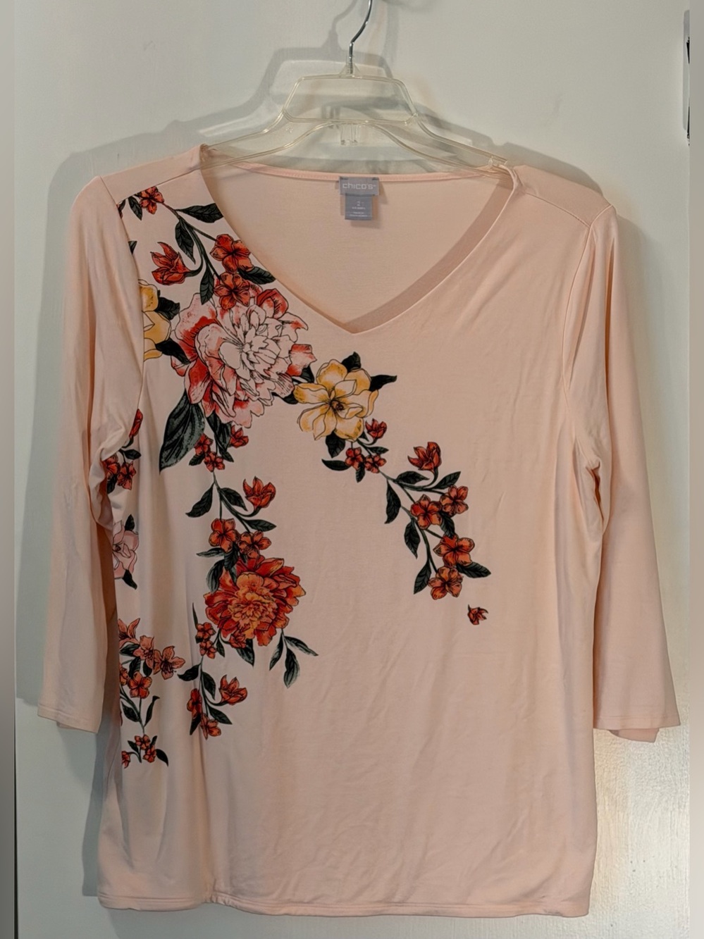 Chico's Blush Pink V-Neck Long Sleeve Top with Floral Print